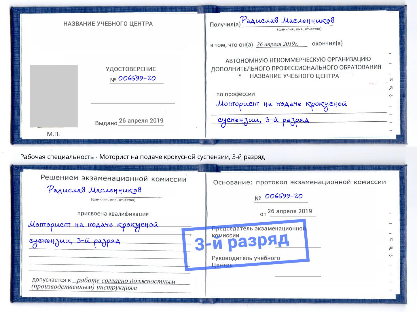 корочка 3-й разряд Моторист на подаче крокусной суспензии Щекино