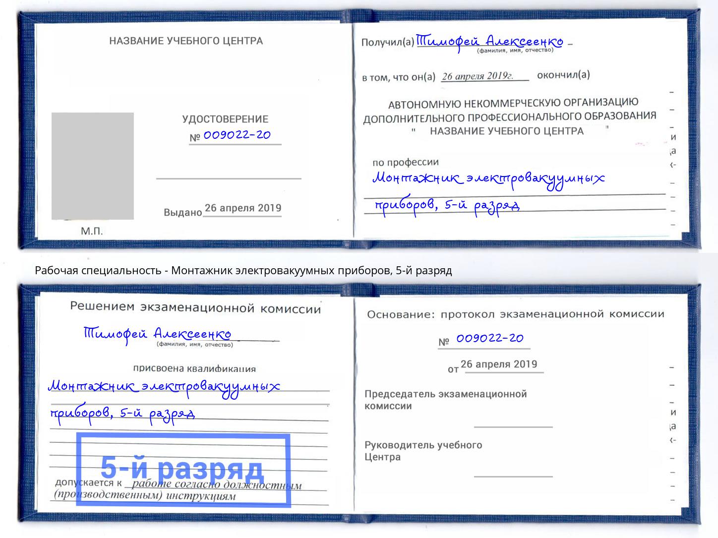 корочка 5-й разряд Монтажник электровакуумных приборов Щекино