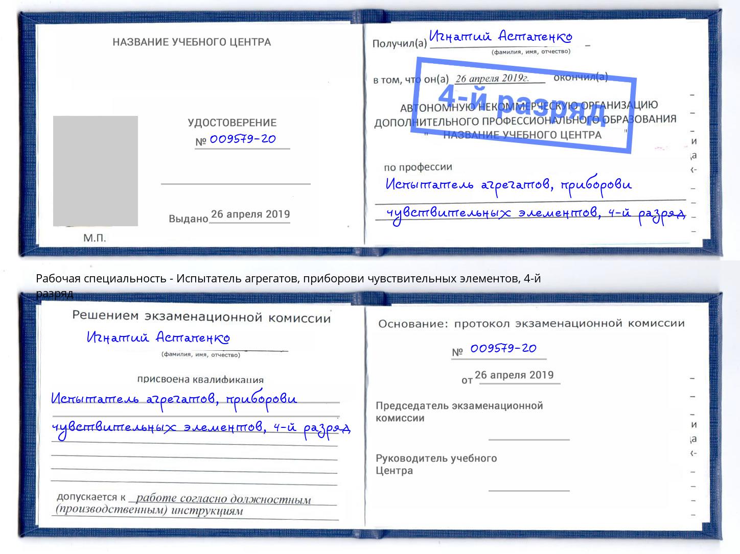 корочка 4-й разряд Испытатель агрегатов, приборови чувствительных элементов Щекино