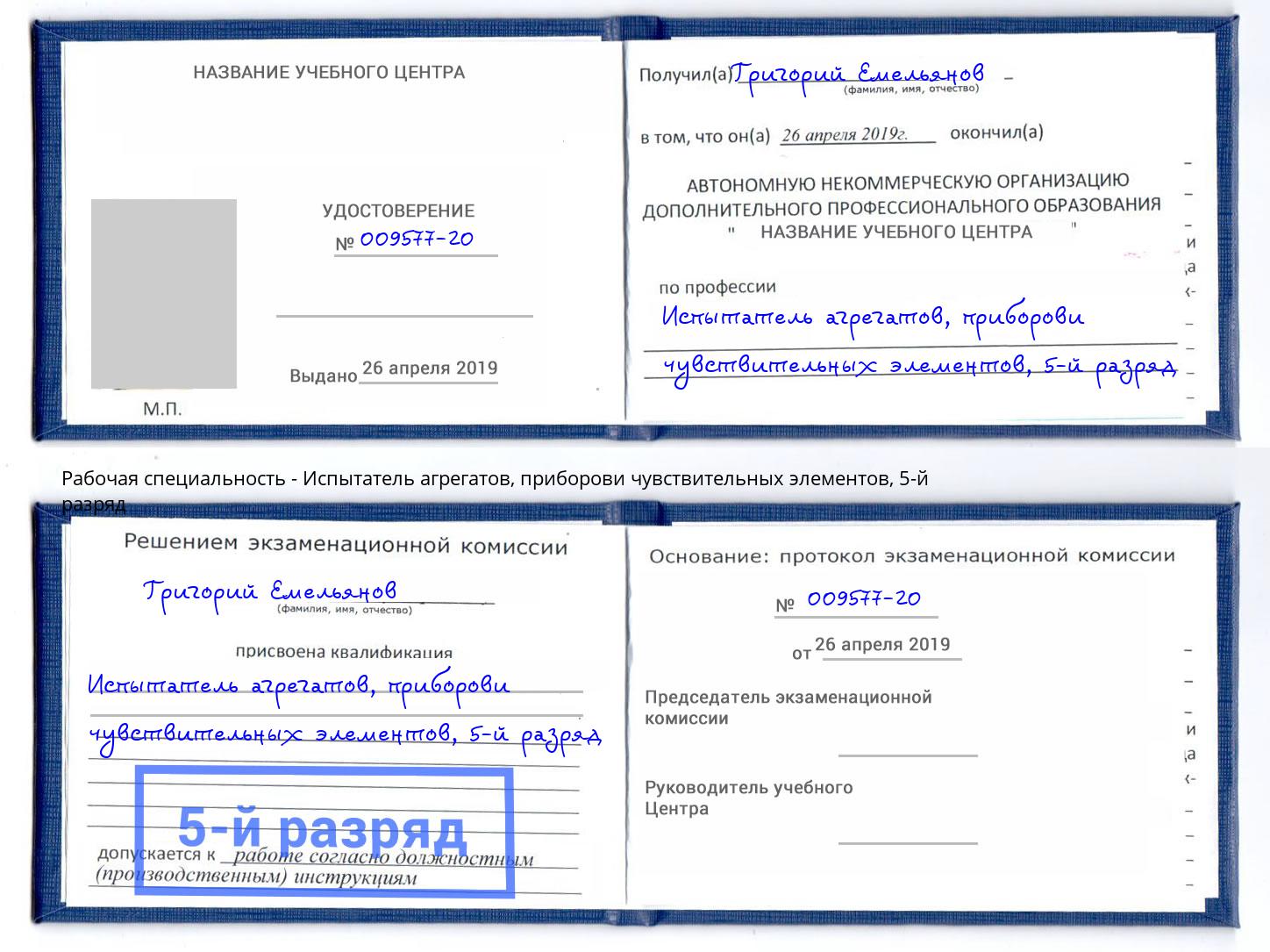 корочка 5-й разряд Испытатель агрегатов, приборови чувствительных элементов Щекино