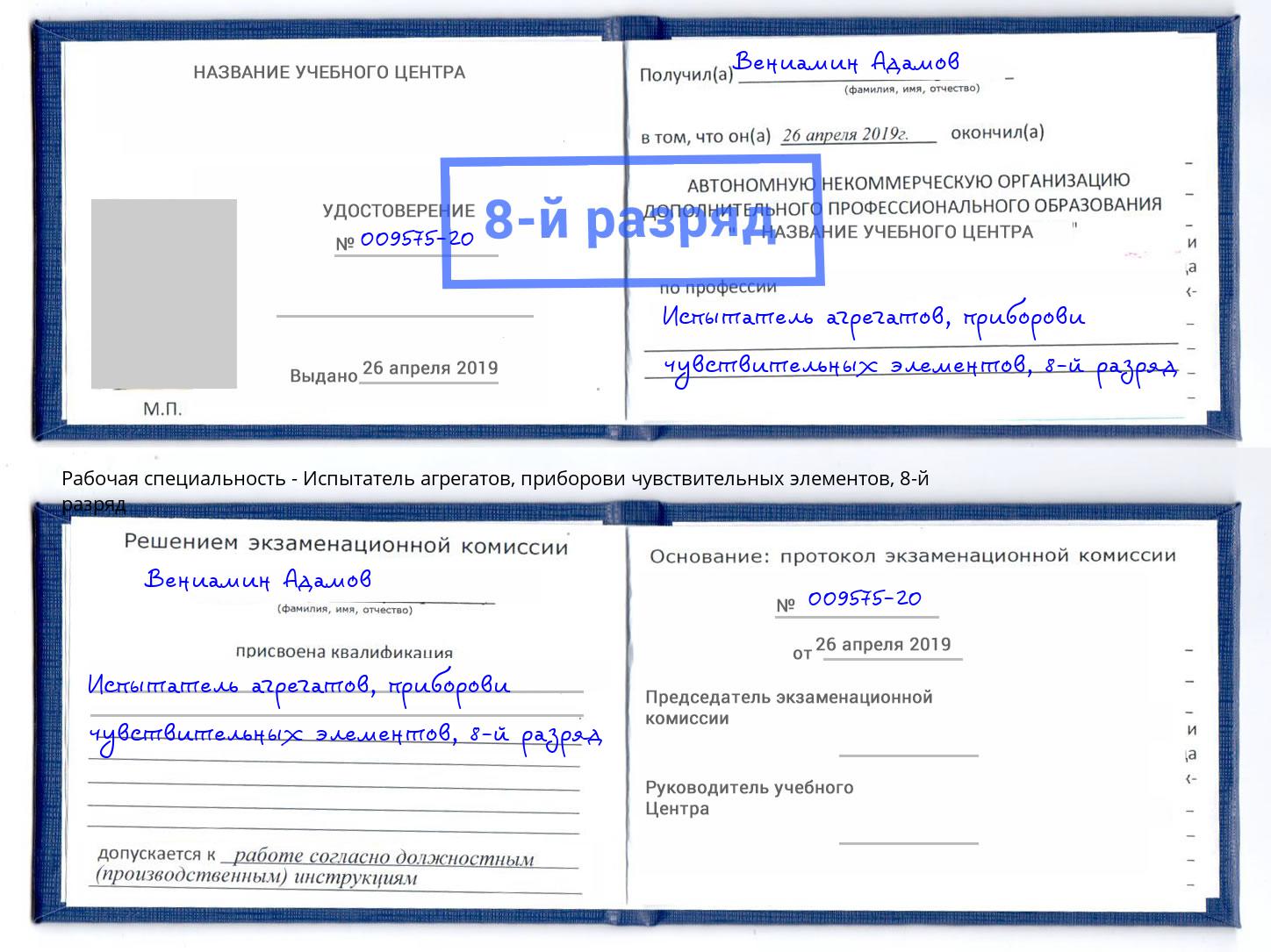 корочка 8-й разряд Испытатель агрегатов, приборови чувствительных элементов Щекино